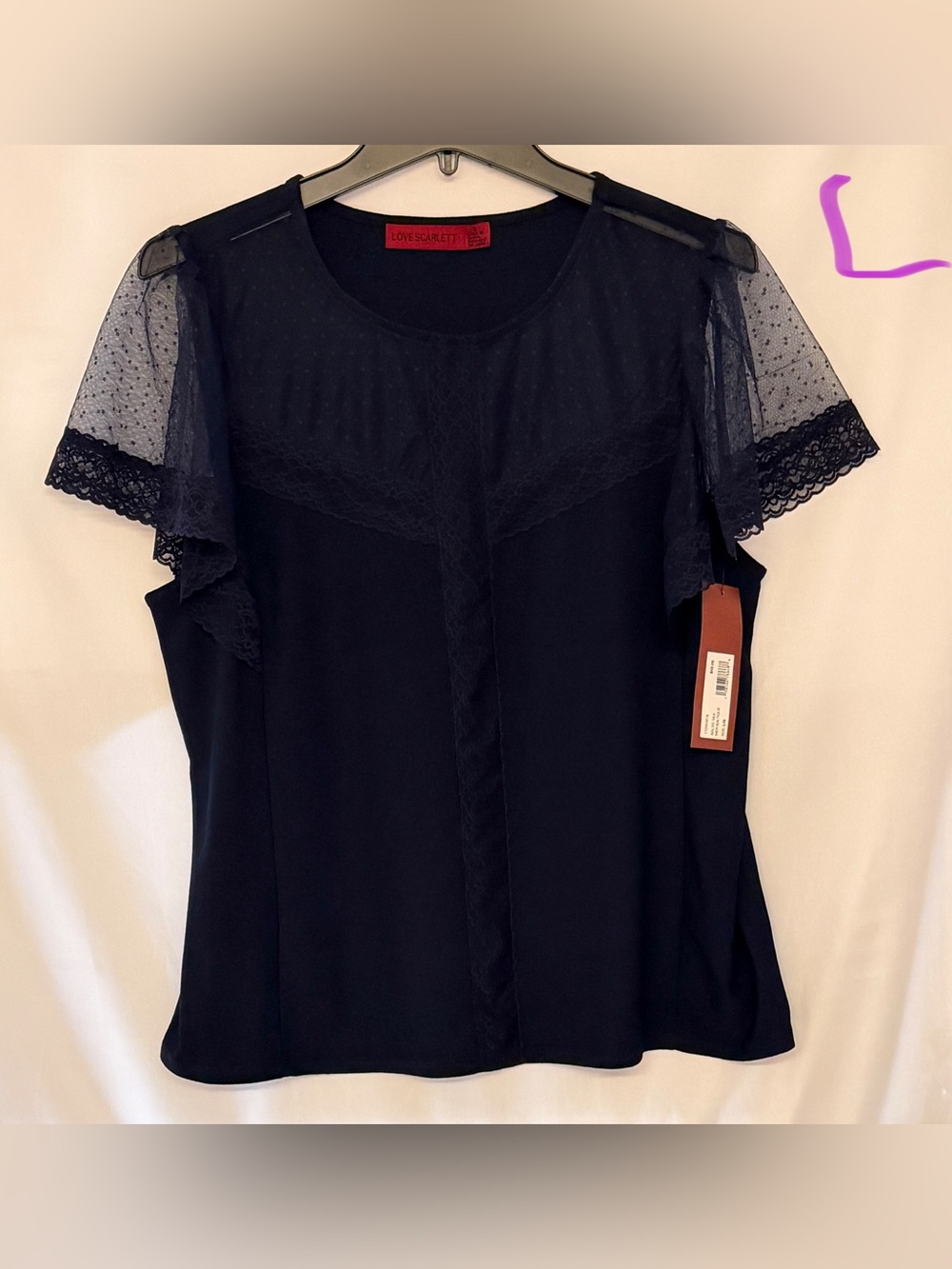 Love Scarlett Black Lace-Trim Dotted Mesh Sleeve Blouse